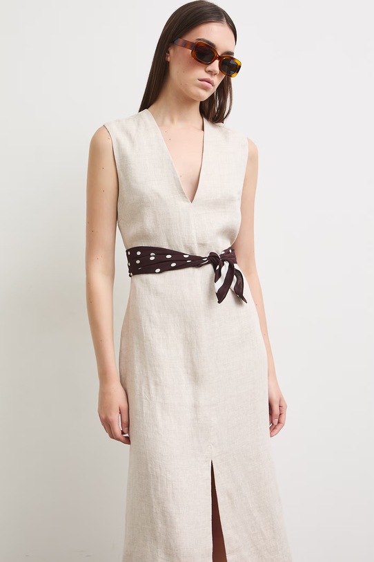 Sukienka lniana gładka beżowy RS26-SUD901