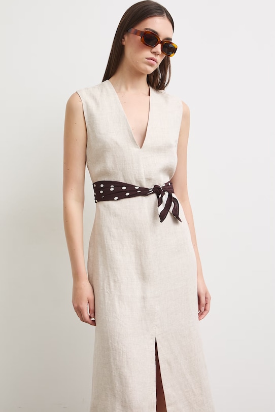 Sukienka lniana gładka beżowy RS26-SUD901