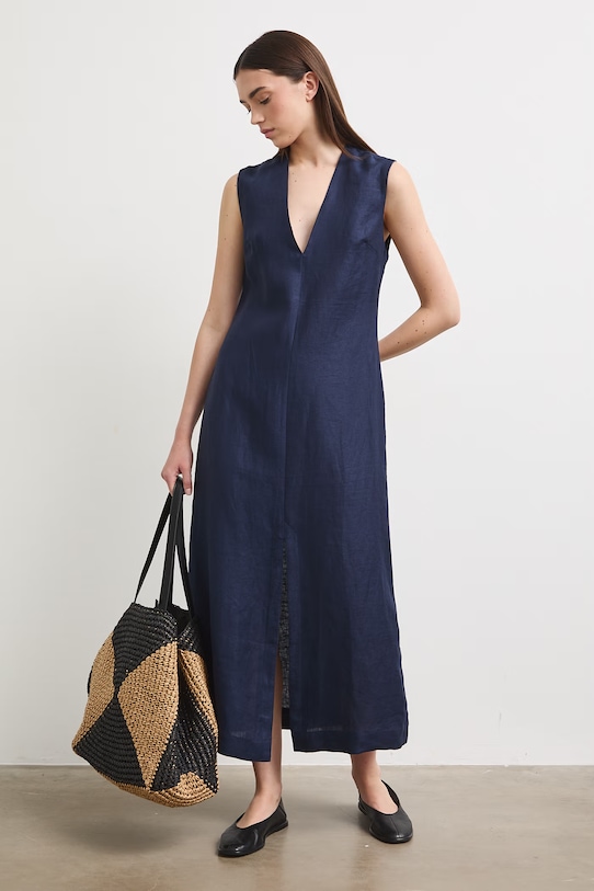 Sukienka lniana midi RS26-SUD901 granatowy RS26