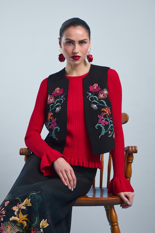 Sweter damski z wiskozą z fakturą RS26-SWD406 czerwony RS26