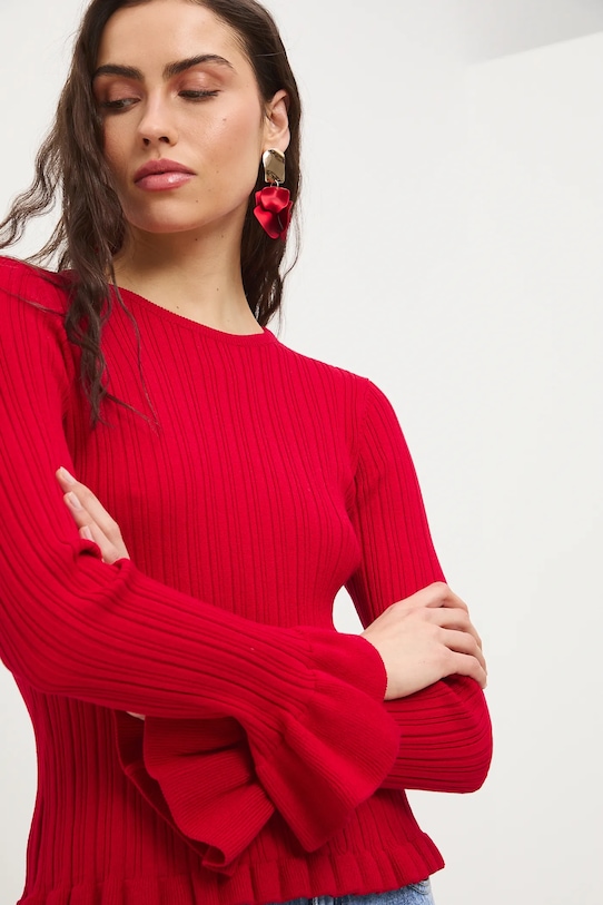 Sweter damski z wiskozą z fakturą RS26-SWD406 czerwony RS26