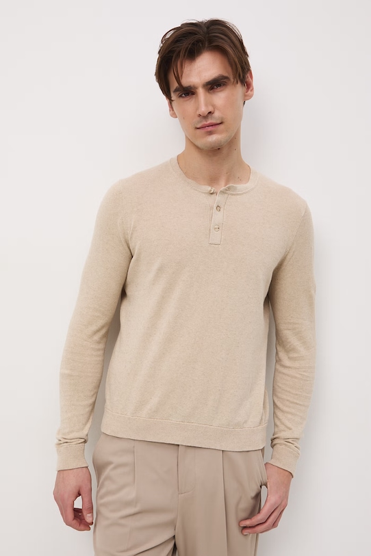 Medicine sweter męski z bawełny i lnu RS26-SWM500 beżowy RS26