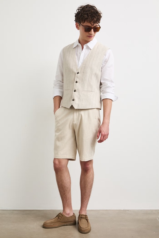 Szorty chino męskie z dodatkiem lnu regular waist Basic beżowy RS26-SZM904