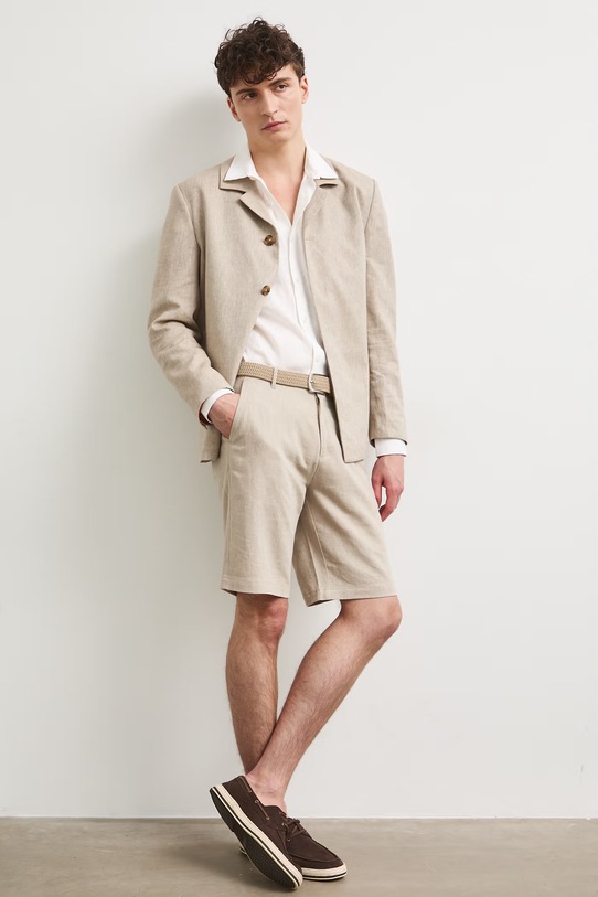 Szorty chino męskie z dodatkiem lnu regular waist Basic beżowy RS26-SZM904