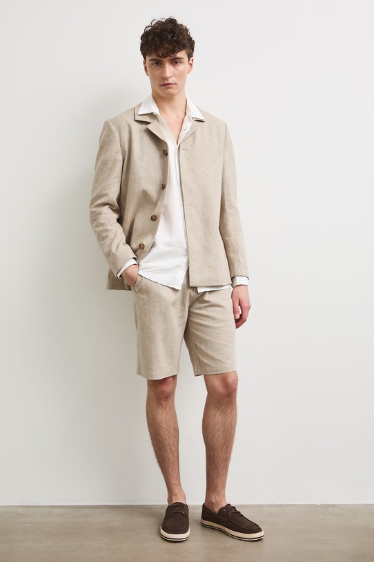 Szorty chino męskie z dodatkiem lnu regular waist beżowy RS26-SZM904