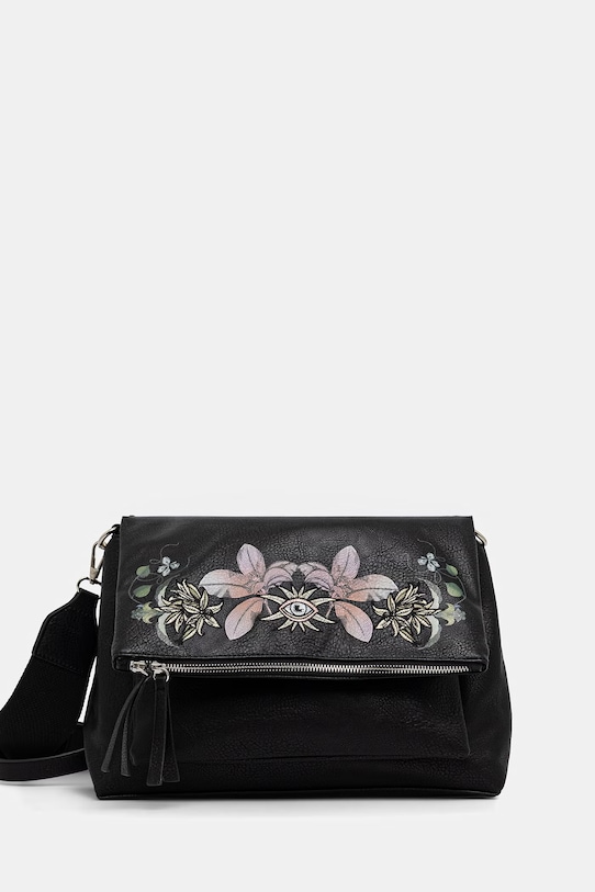 Torebka crossbody damska z imitacji skóry z haftem czarny RS26-TOD601