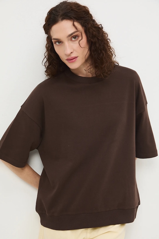 Bavlnené tričko dámske interlock bez vzoru okrúhly hnedá RS26-TSD040