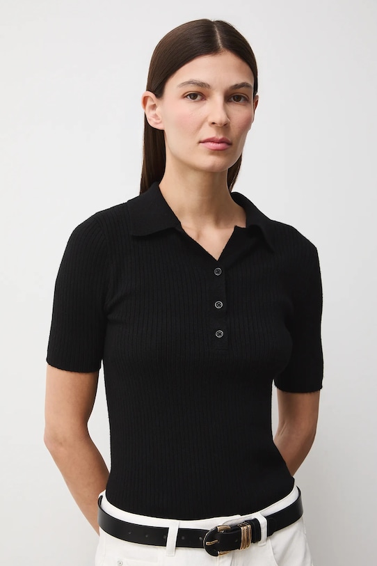 T-shirt damski z kołnierzykiem czarny RS26-TSD200