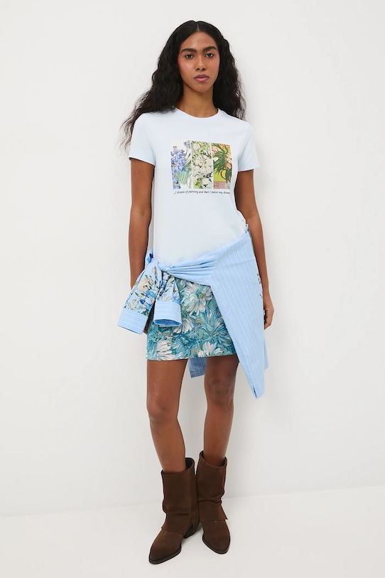 T-shirt bawełniany damski z elastanem z kolekcji Eviva L'arte okrągły niebieski RS26-TSD261