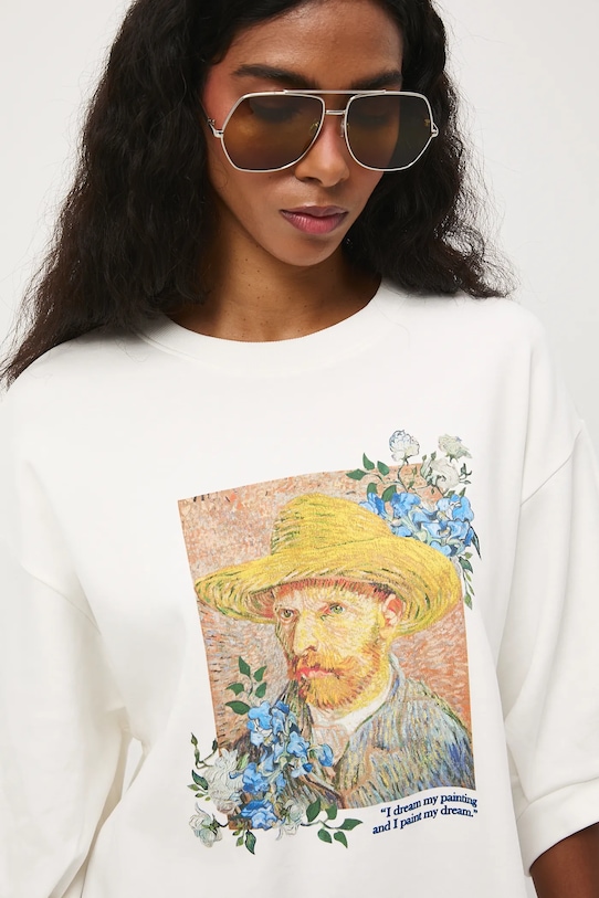 T-shirt bawełniany damski z kolekcji Eviva L'arte RS26-TSD262 beżowy