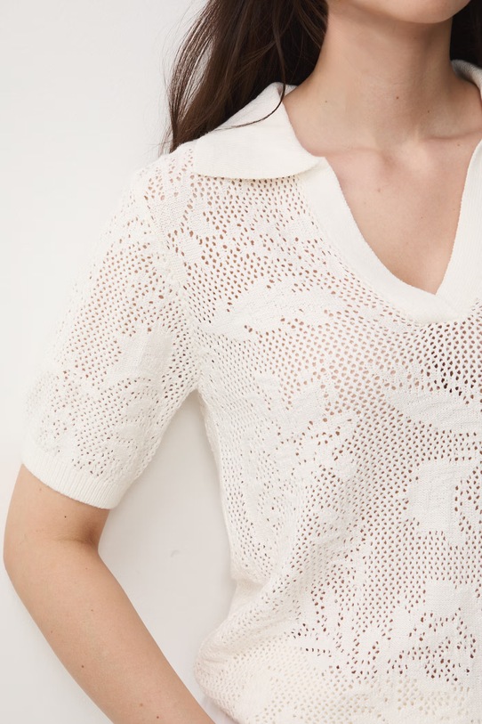 T-shirt damski ażurowy z wiskozą RS26-TSD304 beżowy