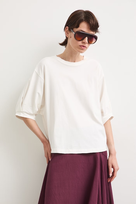 T-shirt damski bawełniany z elastanem beżowy RS26-TSD814