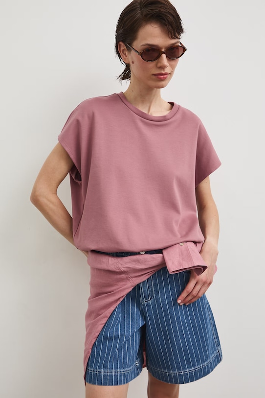 T-shirt oversize damski bawełniany z elastanem różowy RS26-TSD815
