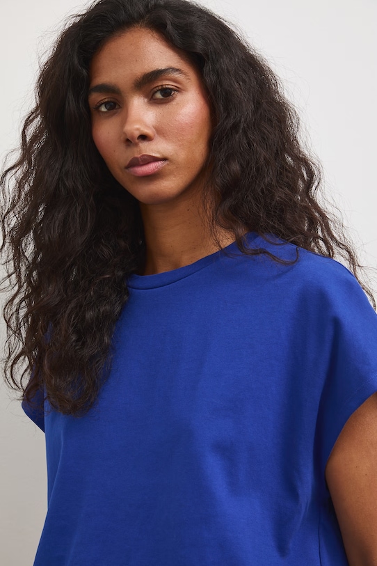 T-shirt oversize damski bawełniany z elastanem niebieski RS26-TSD815