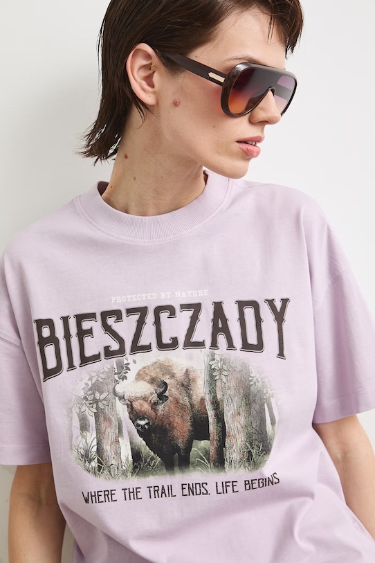 T-shirt oversize damski bawełniany z kolekcji Bieszczadzki Park Narodowy x Medicine RS26-TSD855 fioletowy