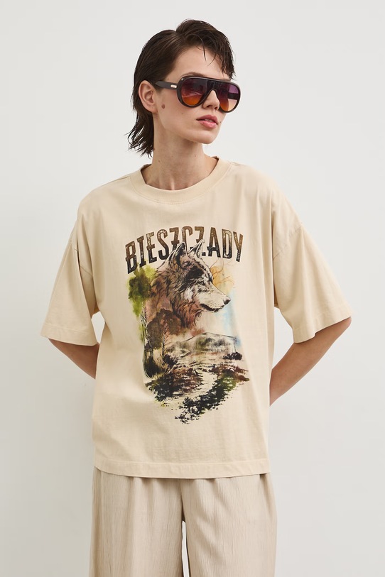 Odzież T-shirt oversize damski bawełniany z kolekcji Bieszczadzki Park Narodowy x Medicine RS26-TSD858 beżowy