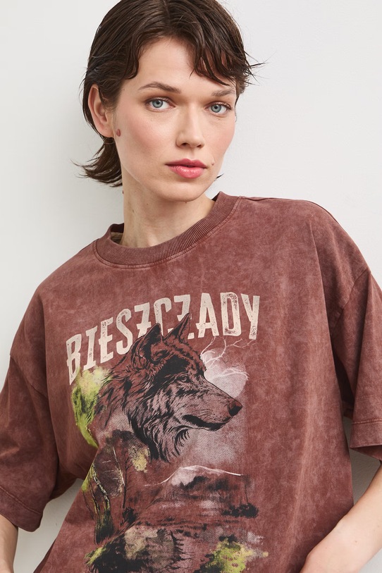 T-shirt oversize damski bawełniany z kolekcji Bieszczadzki Park Narodowy x Medicine RS26-TSD858 brązowy