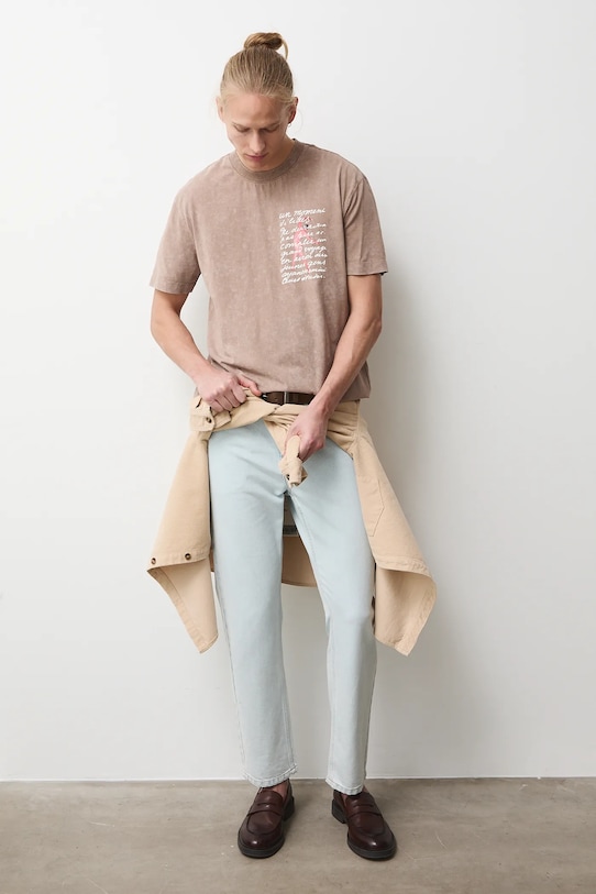 T-shirt bawełniany męski z kolekcji Eviva L'arte beżowy RS26-TSM250