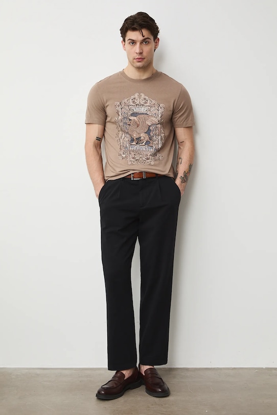 T-shirt bawełniany męski z nadrukiem okrągły brązowy RS26-TSM302