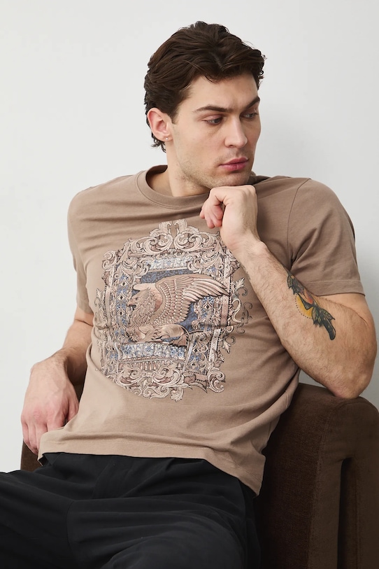 T-shirt bawełniany męski z nadrukiem brązowy RS26-TSM302