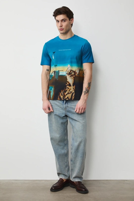 T-shirt męski z okazji Dnia Kota wzorzyste multicolor RS26-TSM350