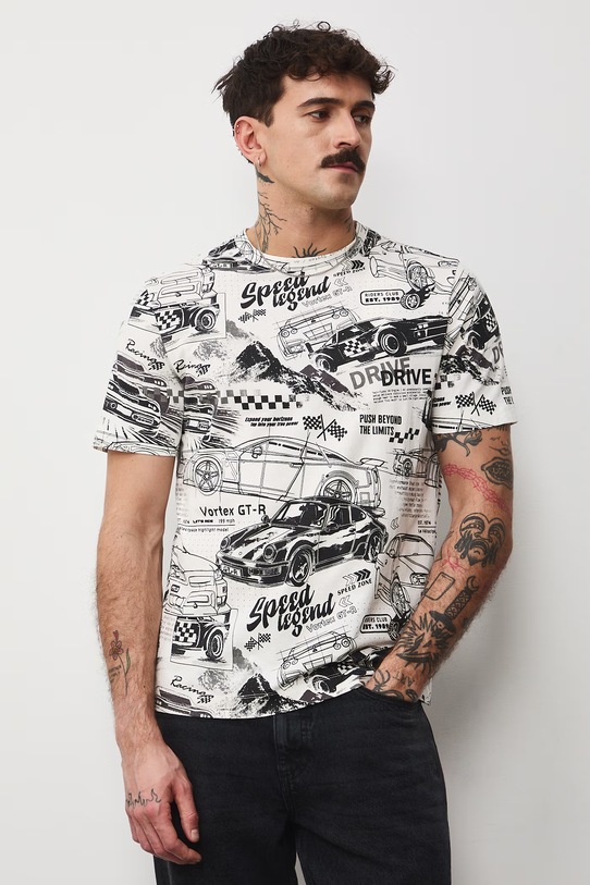 Medicine t-shirt bawełniany wzorzyste beżowy RS26-TSM405