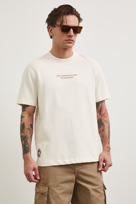 T-shirt męski bawełniany z elastanem Bieszczadzki Park Narodowy x Medicine RS26-TSM860 beżowy RS26