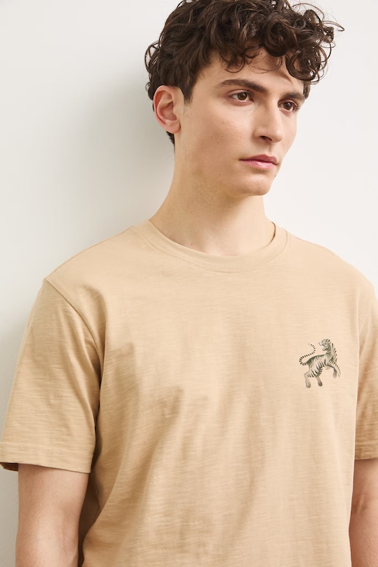 T-shirt męski bawełniany z nadrukiem beżowy RS26-TSM906