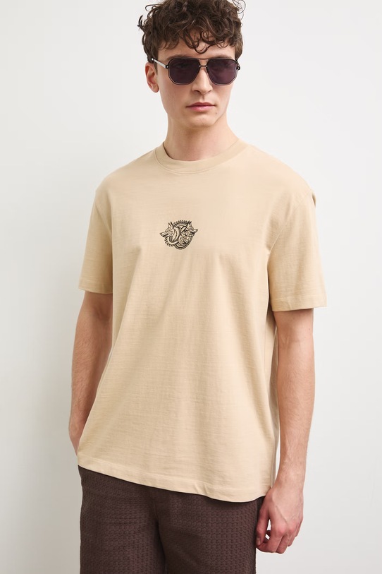 T-shirt męski bawełniany z nadrukiem beżowy RS26-TSM909