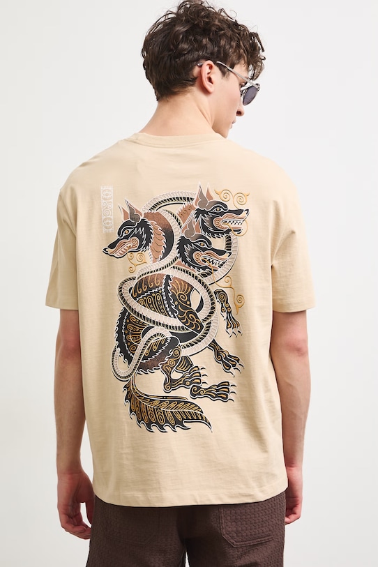 Odzież T-shirt męski bawełniany z nadrukiem RS26-TSM909 beżowy