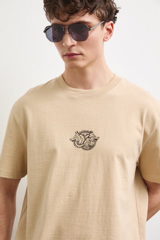 T-shirt męski bawełniany z nadrukiem beżowy RS26-TSM909