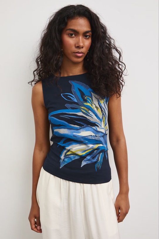 Top damski bawełniany z elastanem w kwiaty RS26-TTD809 granatowy RS26