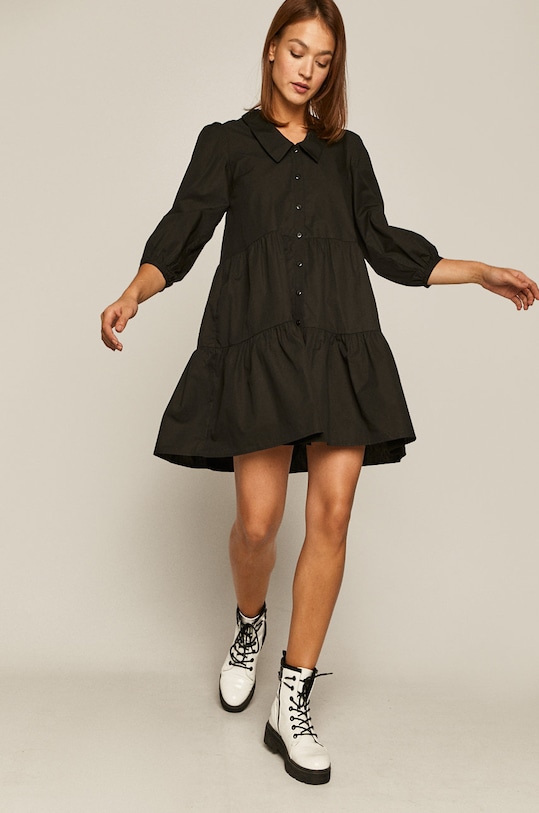 Bawełniana sukienka damska z falbaną czarna gładkie czarny RW20.SUDA70