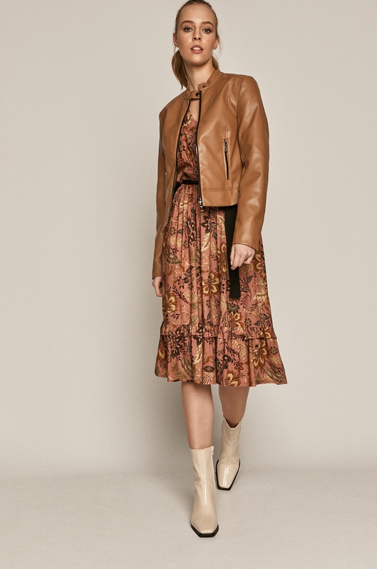 Wzorzysta sukienka damska z falbanką różowa RW20.SUDB74 różowy RW20