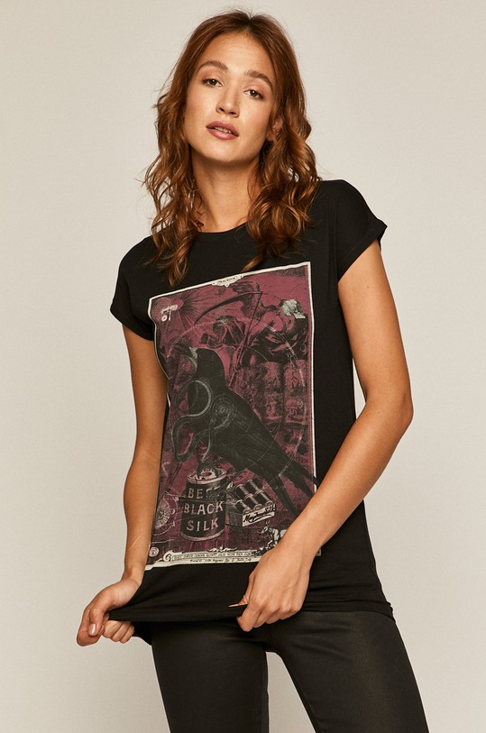 T-shirt damski z nadrukiem czarny okrągły czarny RW20.TSD305