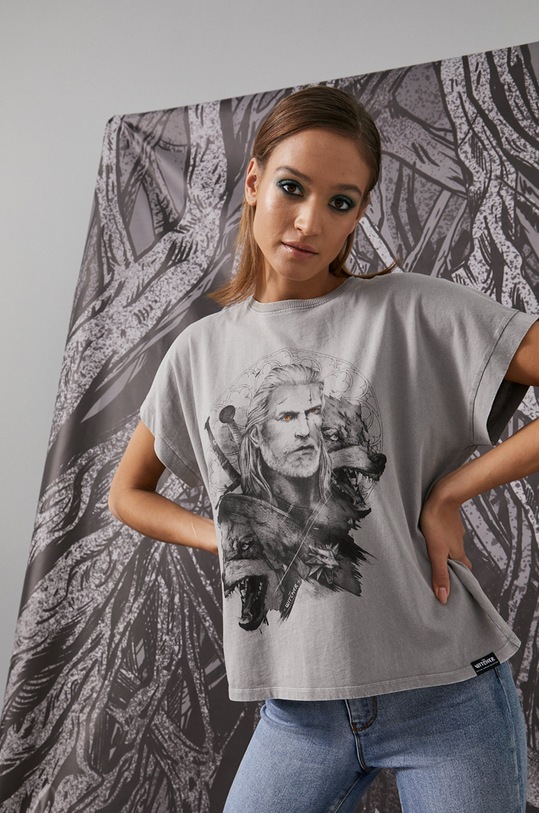 T-shirt bawełniany damski z kolekcji The Witcher szary okrągły szary RW21.TSD856