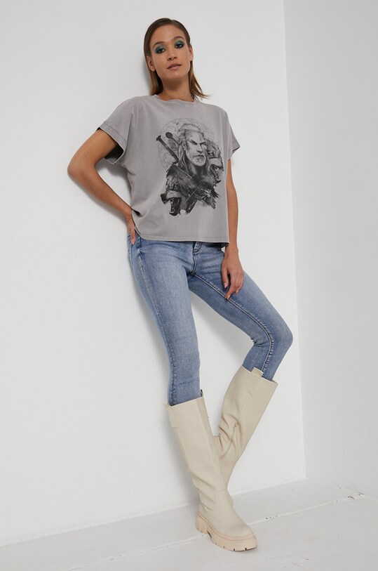 T-shirt bawełniany damski z kolekcji The Witcher szary RW21.TSD856 szary RW21