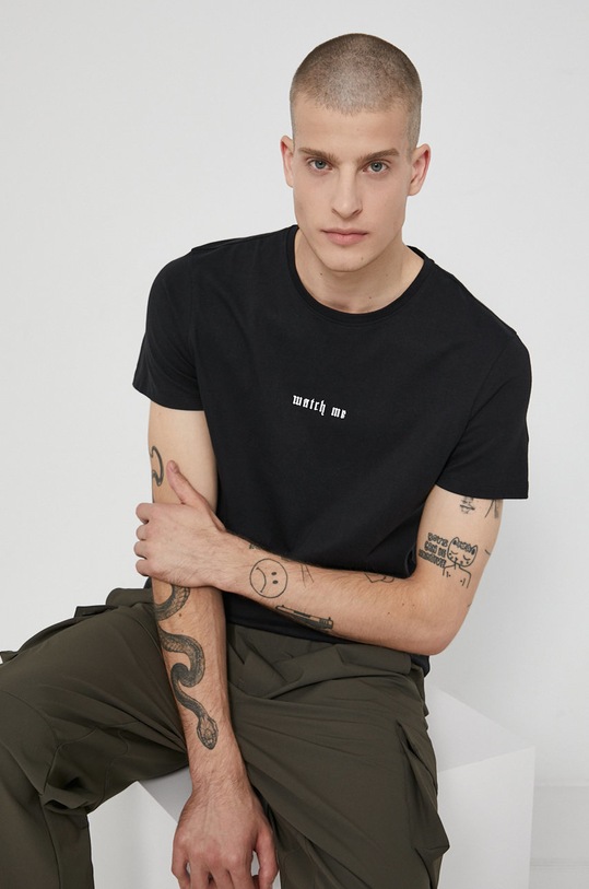 T-shirt bawełniany z nadrukiem czarny okrągły czarny RW21.TSM507