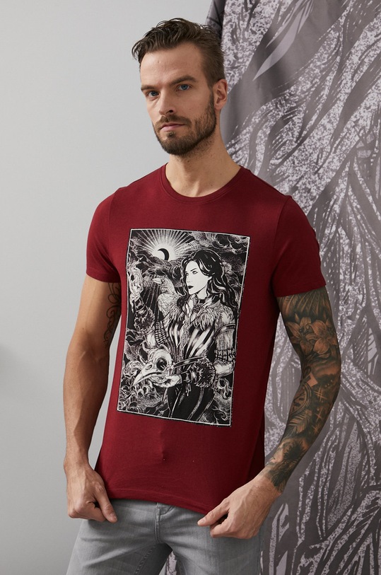 T-shirt bawełniany męski z kolekcji The Witcher bordowy okrągły bordowy RW21.TSM859