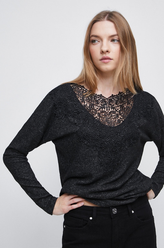 Longsleeve damski z melanżowej dzianiny szary melanż szary RW22.BUD050