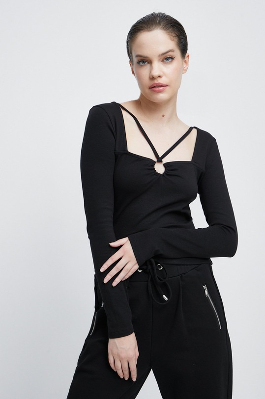Longsleeve bawełniany damski gładki z domieszką elastanu czarny czarny RW22.BUD501
