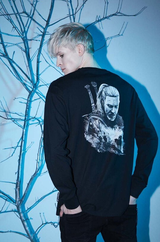 Longsleeve bawełniany męski z kolekcji The Witcher x Medicine kolor czarny okrągły czarny RW22.BUMB50
