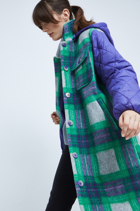Płaszcz damski w kratę multicolor z kapturem multicolor RW22.KPD604