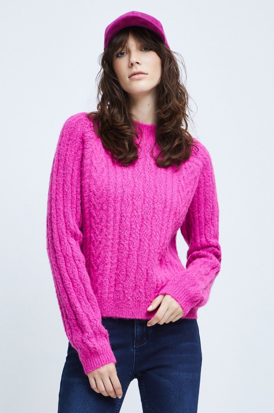 Sweter z domieszką wełny damski różowy średniej grubości różowy RW22.SWD605