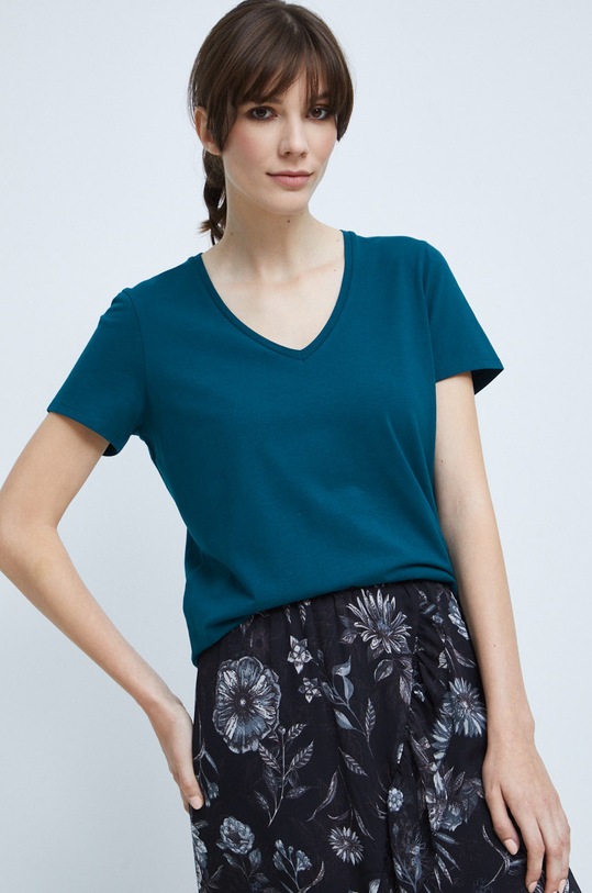 T-shirt bawełniany damski gładki z domieszką elastanu zielony turkusowy RW22.TSD060