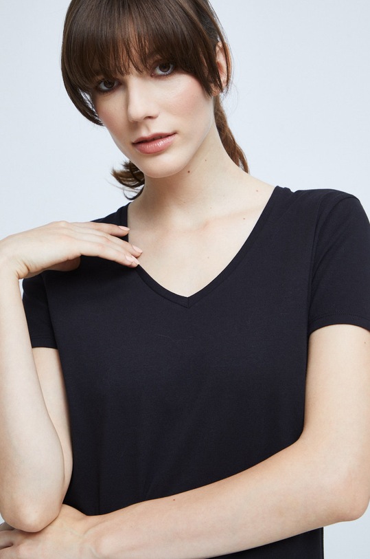T-shirt bawełniany damski gładki z domieszką elastanu czarny czarny RW22.TSD060