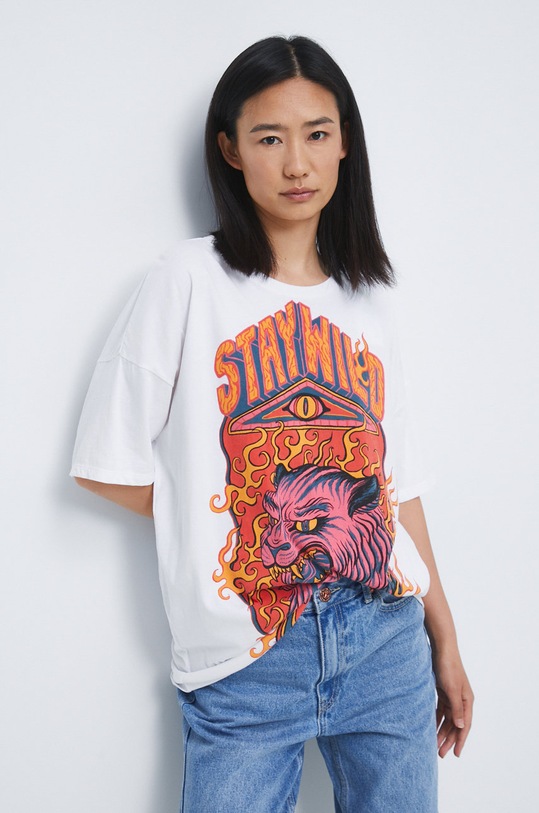 T-shirt bawełniany z nadrukiem biały okrągły biały RW22.TSD208