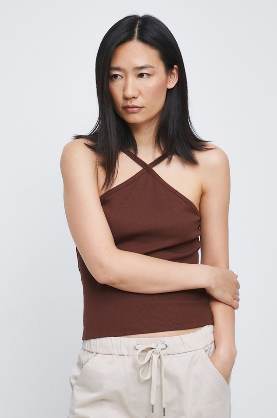 Top bawełniany damski gładki z domieszką elastanu brązowy z elastanem brązowy RW22.TSD214