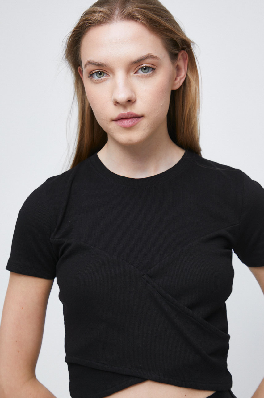 T-shirt bawełniany damski prążkowany z domieszką elastanu czarny czarny RW22.TSD300