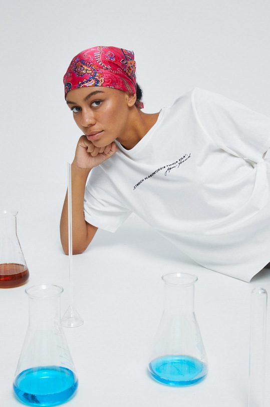 T-shirt bawełniany z kolekcji Science beżowy okrągły beżowy RW22.TSD359